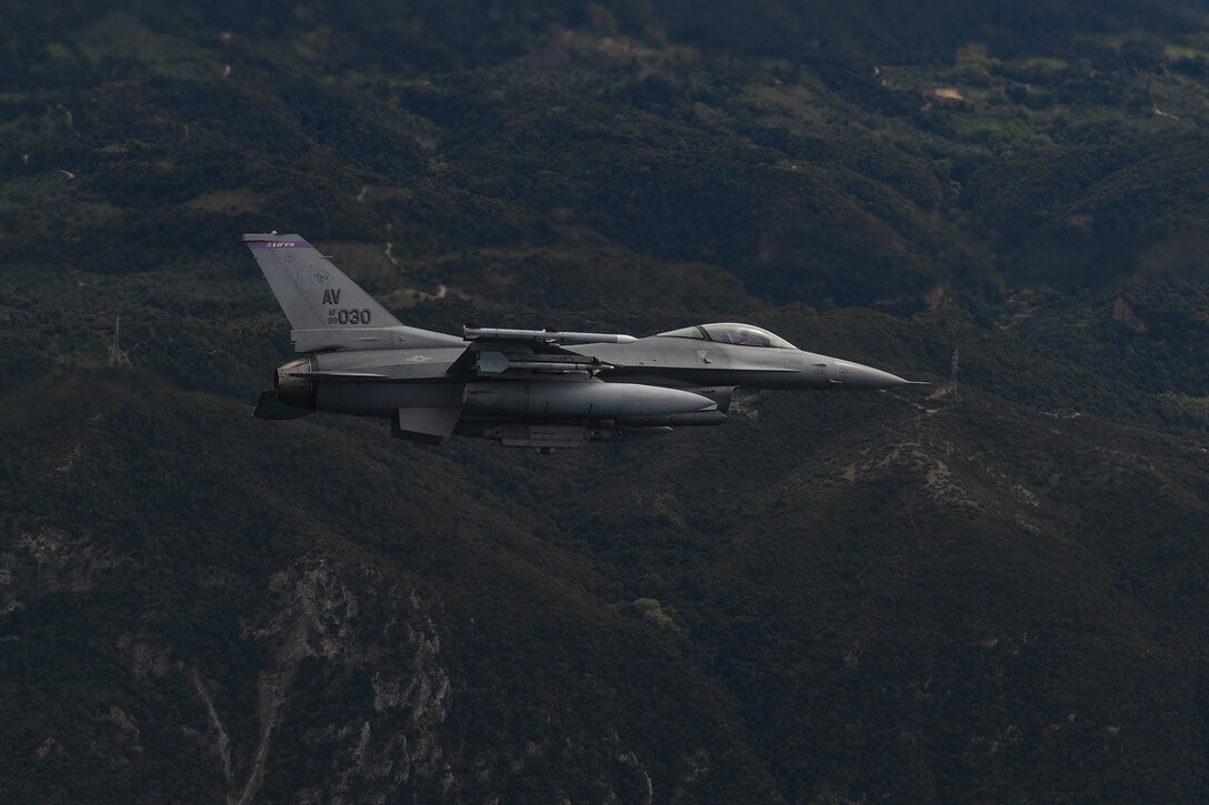 A U.S. Air Force F-16 Fighting Falcon with the 510th Fighter Squadron (FS) flies above Greece, April 22, 2021. The 510th FS operated out of Andravida Air Base, Greece, while participating in INIOCHOS 21, an annual exercise designed to provide advanced and realistic aircrew training to strengthen interoperability of allied and partner air forces during joint operations and air defenses. (U.S. Air Force photo by Airman 1st Class Thomas S. Keisler IV)