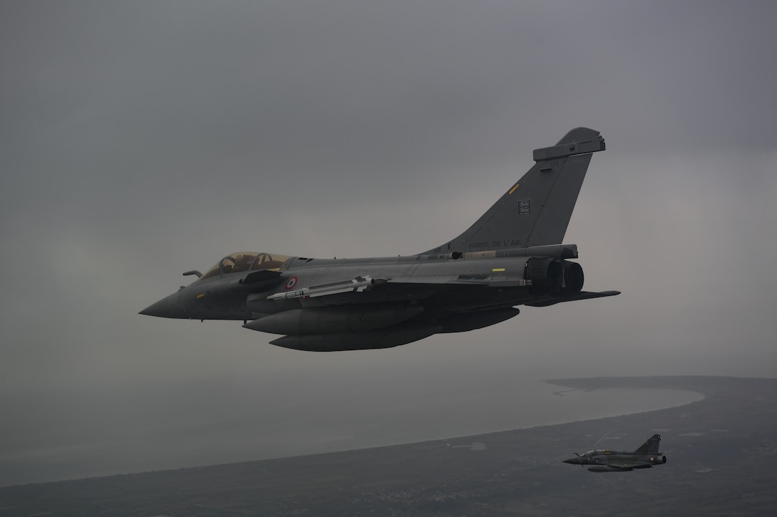 Aircraft from multiple countries participating in INIOCHOS 21 fly over Greece, April 22, 2021. INIOCHOS 21 prepares allies and partners for potential operations in support of NATO and other multinational contingencies around the world. (U.S. Air Force photo by Airman 1st Class Thomas S. Keisler IV)