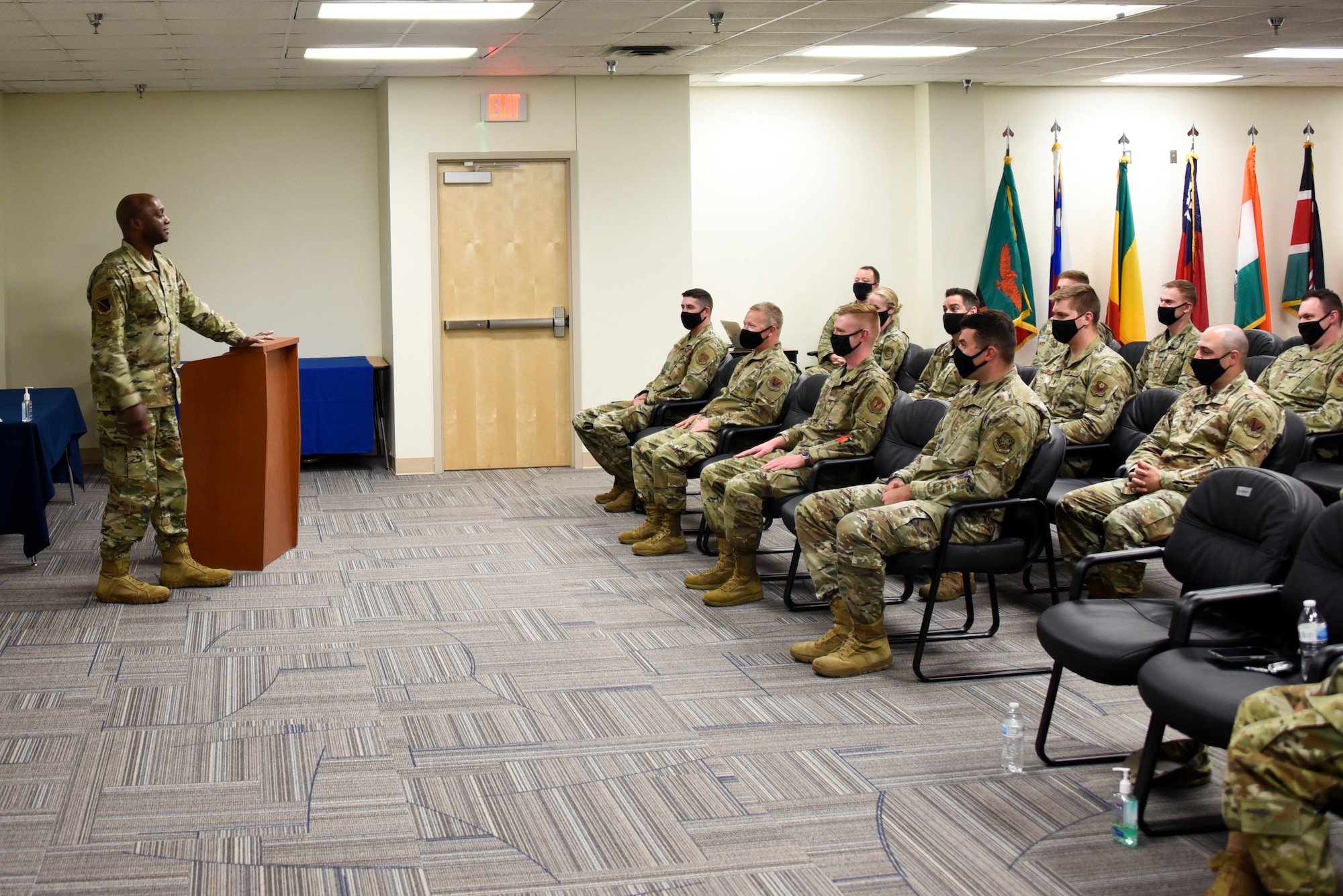Brig. Gen. Kenyon Bell, 82nd Training Wing commander, speaks during an Aircraft Maintenance Officers Course graduation ceremony at Sheppard Air Force Base, Texas, April 22, 2021.