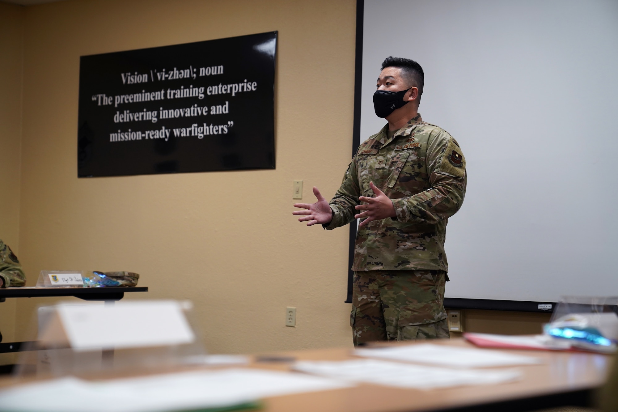 U.S. Air Force Tech. Sgt. Alex Chung, 81st Operational Readiness Medicine Squadron Alcohol and Drug Prevention and Treatment NCO in charge, speaks during a mental health briefing inside the Professional Development Center at Keesler Air Force Base, Mississippi, April 22, 2021. The PDC provides personal and professional development opportunities for service members. (U.S. Air Force photo by Senior Airman Seth Haddix)