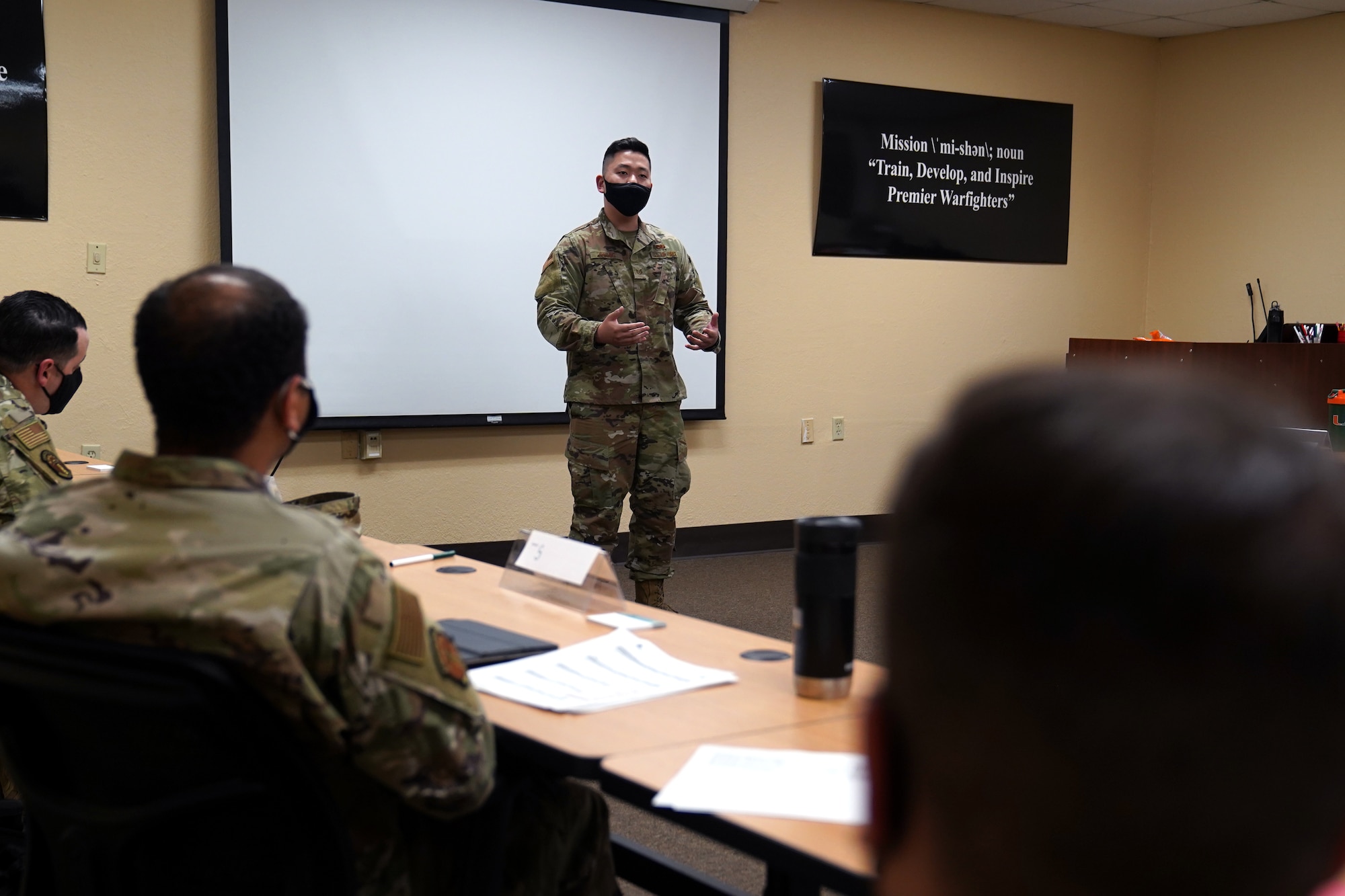 U.S. Air Force Tech. Sgt. Alex Chung, 81st Operational Readiness Medicine Squadron Alcohol and Drug Prevention and Treatment NCO in charge, speaks during a mental health briefing inside the Professional Development Center at Keesler Air Force Base, Mississippi, April 22, 2021. The PDC provides personal and professional development opportunities for service members. (U.S. Air Force photo by Senior Airman Seth Haddix)