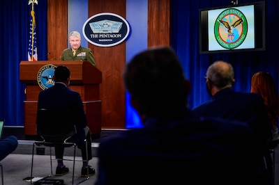 Marine Corps Gen. Frank McKenzie, commander of the U.S. Central Command, briefs reporters at the Pentagon, April 22, 2020, following a budget hearing before the Senate Armed Services Committee.