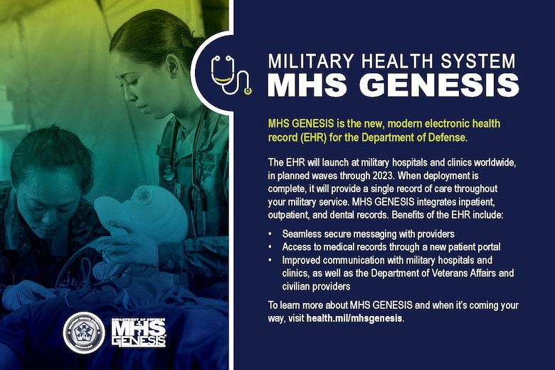 The 90th Medical Group transitions to a new electronic health record call MHS GENESIS at F.E. Warren Air Force Base, Wyoming, April 24, 2021. Appointment availability from April to June 2021 will be reduced. In preparation for the transition please register for the new patient portal at www.patientportal.mhsgenesis.health.mil. (Department of Defense graphic)