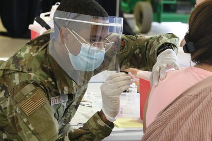 Virginia National Guard Soldiers and Airmen support a community COVID-19 vaccination clinic opened April 19, 2021, by the Virginia Department of Health and the Virginia Department of Emergency Management at the VNG armory in Blackstone, Virginia. VNG medics trained and certified by VDH are administering the vaccines, and additional Soldiers are assisting with logistics.