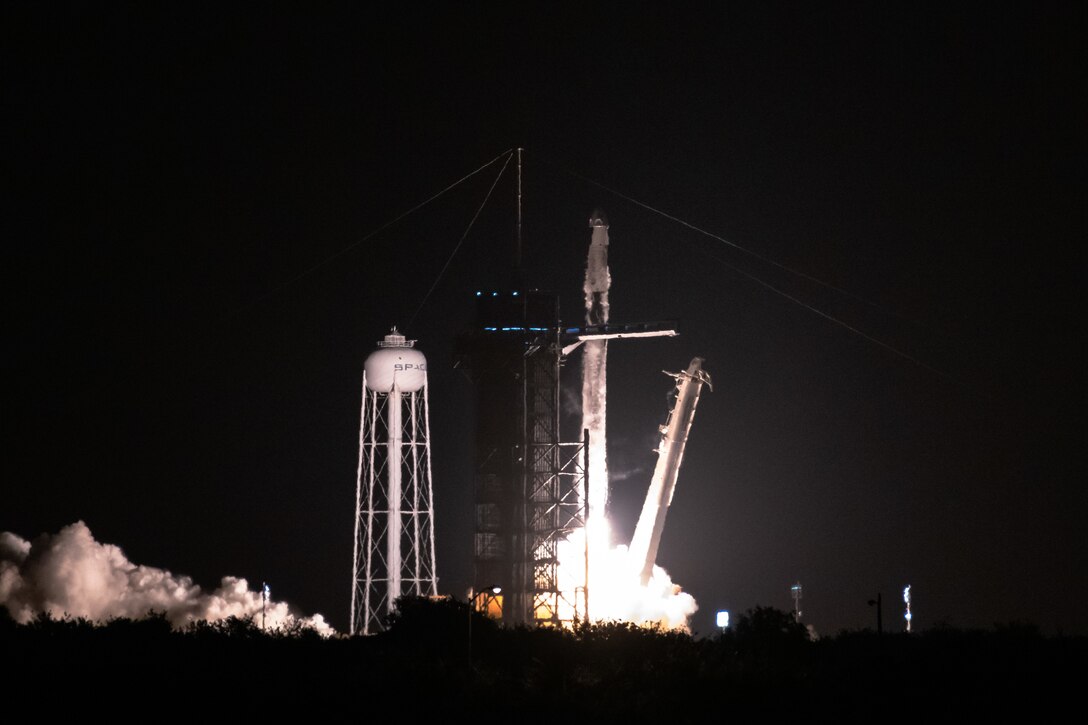 A SpaceX Falcon 9 rocket launches from Space Launch Complex 39A April 23, 2021, at Kennedy Space Center, Florida. The rocket launched the four members of Dragon Crew-2 into space. The astronauts will spend six months on the International Space Station performing a variety of experiments and maintenance actions. (U.S. Space Force photo by Joshua Conti)