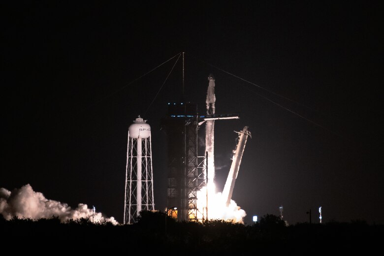 A SpaceX Falcon 9 rocket launches from Space Launch Complex 39A April 23, 2021, at Kennedy Space Center, Florida. The rocket launched the four members of Dragon Crew-2 into space. The astronauts will spend six months on the International Space Station performing a variety of experiments and maintenance actions. (U.S. Space Force photo by Joshua Conti)