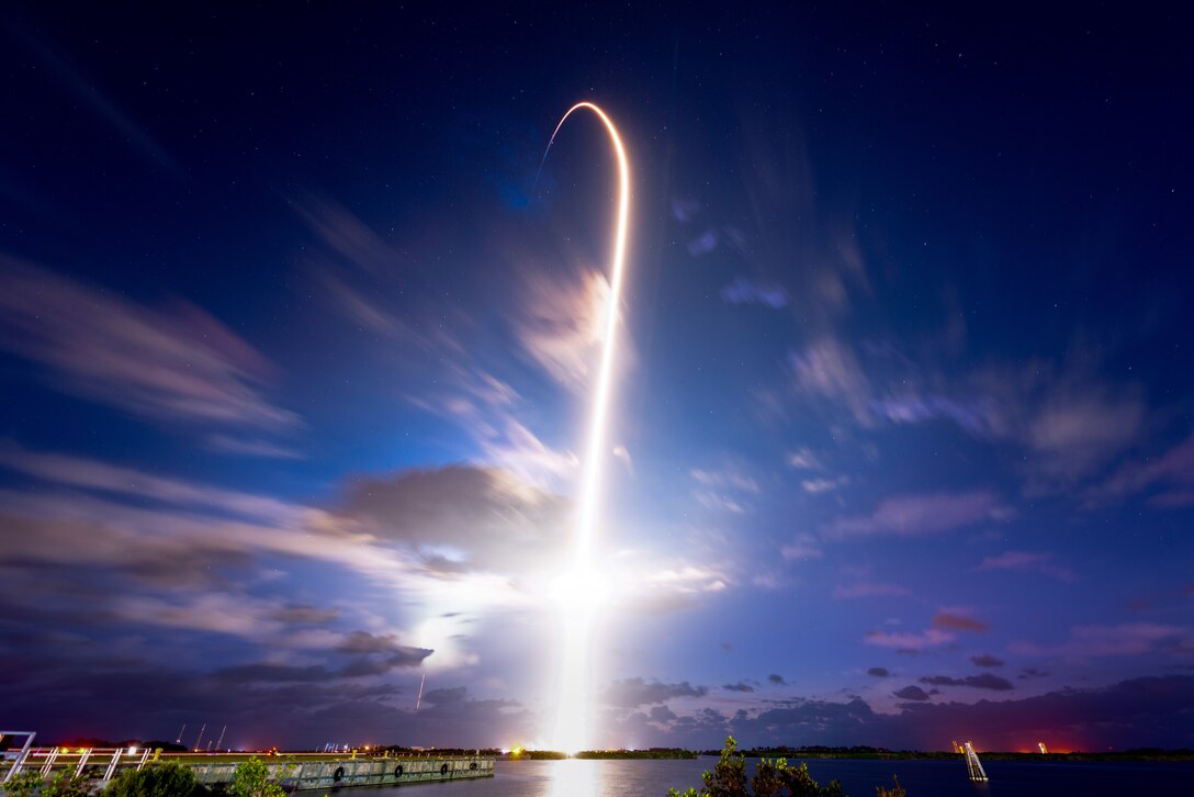 A SpaceX Falcon 9 rocket launches from Space Launch Complex 39A April 23, 2021, at Kennedy Space Center, Florida. The rocket launched the four members of Dragon Crew-2 into space. The astronauts will spend six months on the International Space Station performing a variety of experiments and maintenance actions. (U.S. Space Force photo by Joshua Conti)