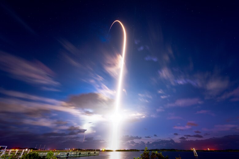 A SpaceX Falcon 9 rocket launches from Space Launch Complex 39A April 23, 2021, at Kennedy Space Center, Florida. The rocket launched the four members of Dragon Crew-2 into space. The astronauts will spend six months on the International Space Station performing a variety of experiments and maintenance actions. (U.S. Space Force photo by Joshua Conti)