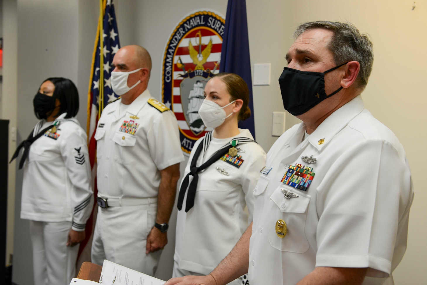 Force Master Chief Kevin Goodrich speaks during the FY 2020 Sea and Shore Sailor of the Year announcement  ceremony. (U.S. Navy photo by Mass Communication Specialist 2nd Class Jacob Milham/Released)