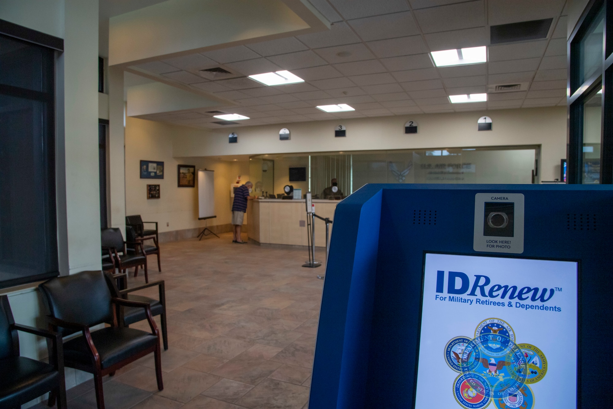 A 6th Force Support Squadron ID card kiosk sits inside the Michael Moffit Visitor Control Center at MacDill Air Force Base, Fla., April 16, 2021.