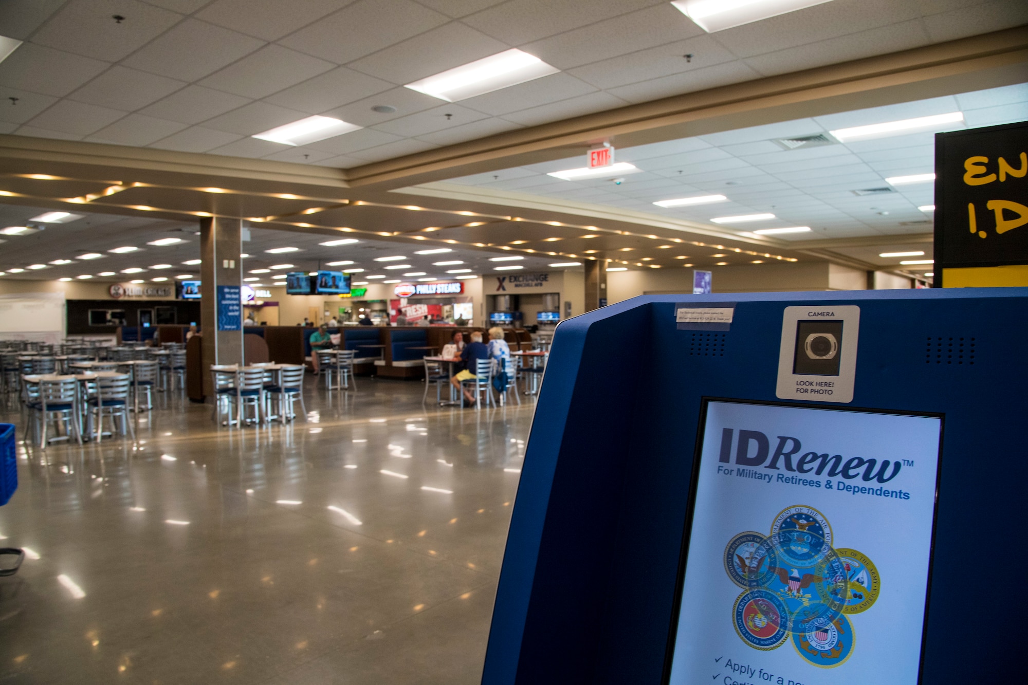 A 6th Force Support Squadron ID Card Kiosk sits by the food court inside the Base Exchange at MacDill Air Force Base, Fla., April 16, 2021.