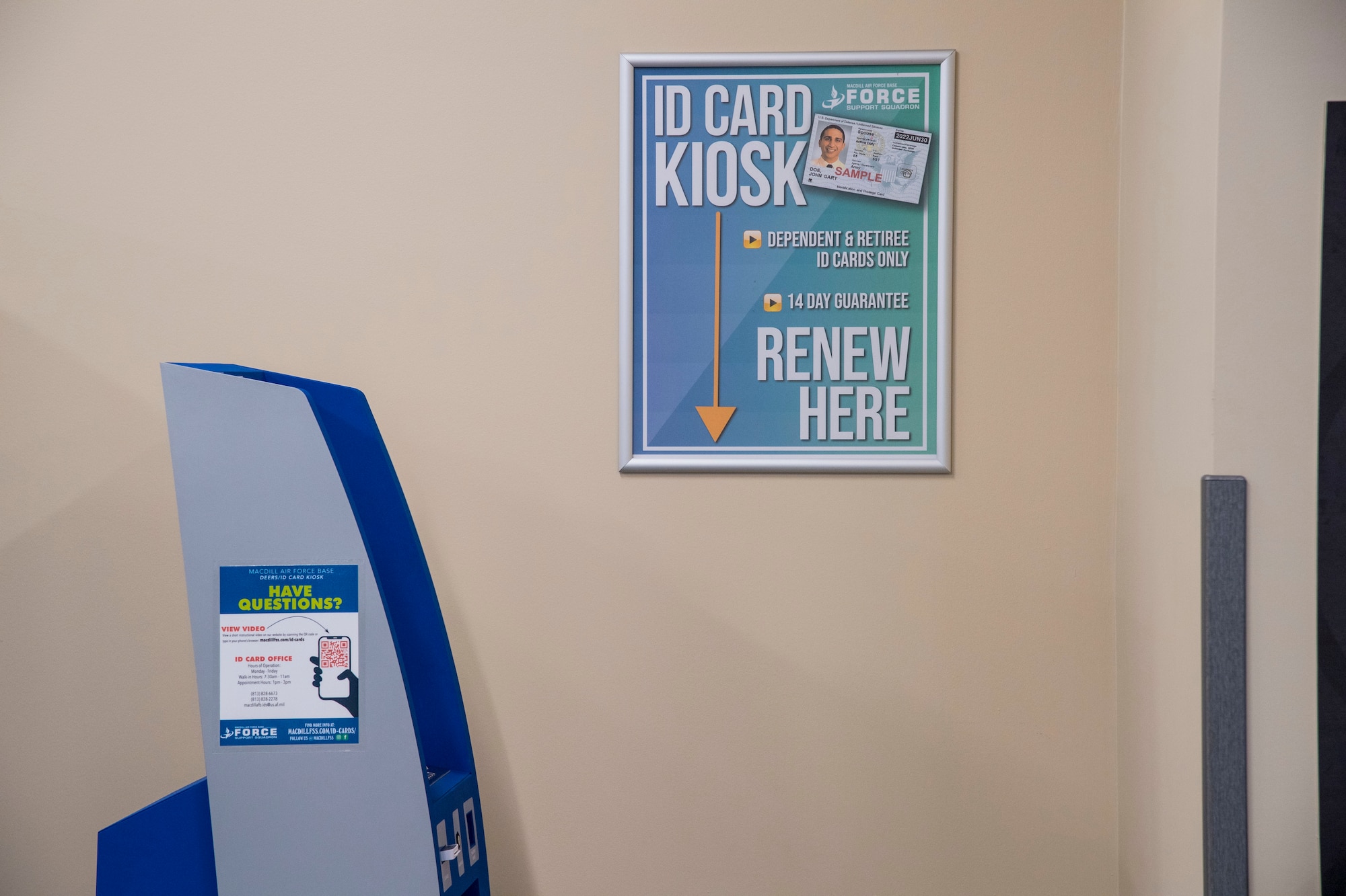 A 6th Force Support Squadron ID Card Kiosk sits by the food court inside the Base Exchange at MacDill Air Force Base, Fla., April 16, 2021.