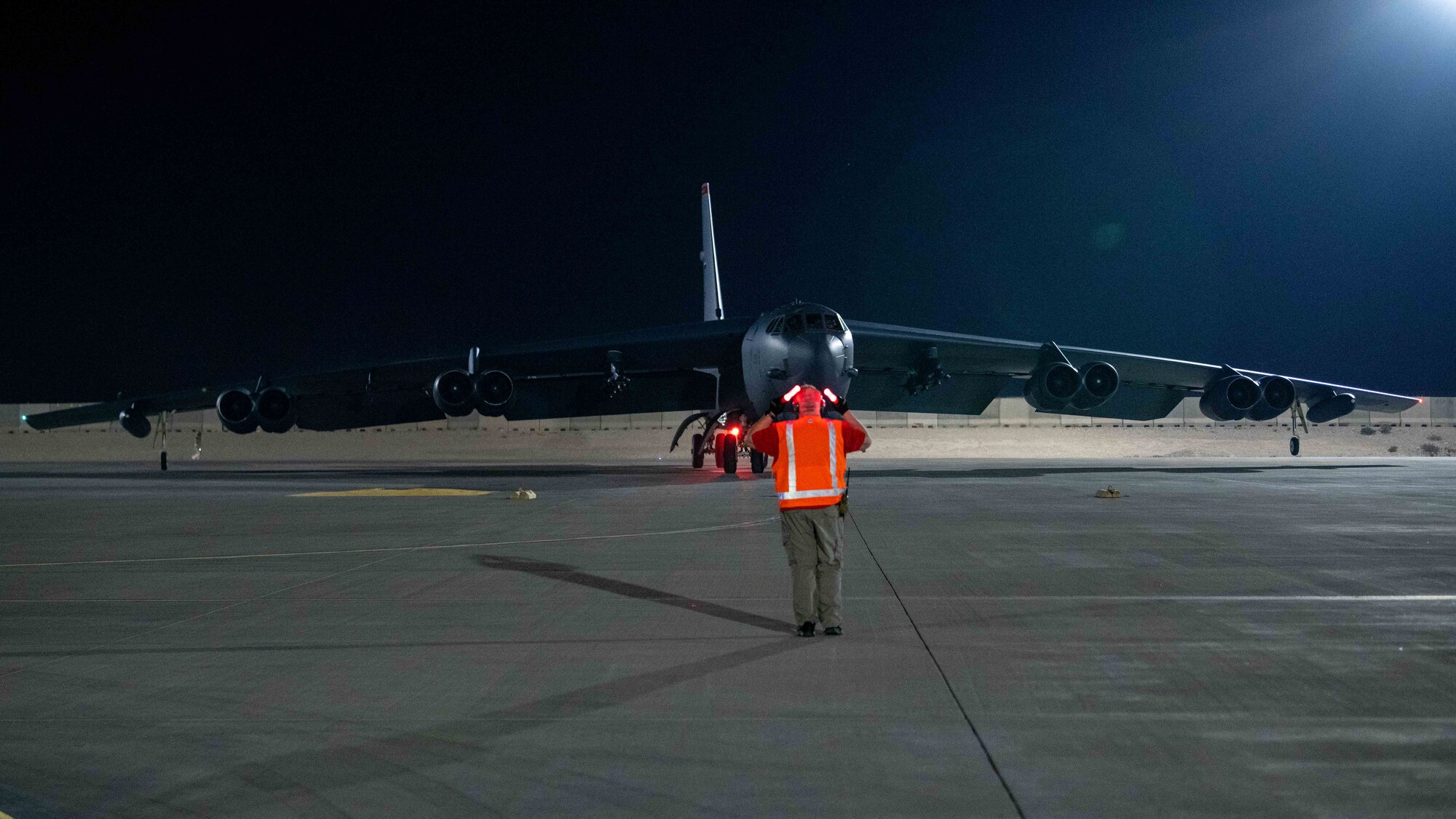A B-52H Stratofortress assigned to the 5th Bomb Wing, Minot Air Force Base, N.D., taxis on the flightline April 23, 2021, at Al Udeid Air Base, Qatar. The B-52 aircraft are deployed to Al Udeid AB to protect U.S. and coalition forces as they conduct drawdown operations from Afghanistan. (U.S. Air Force photo by Staff Sgt. Greg Erwin)