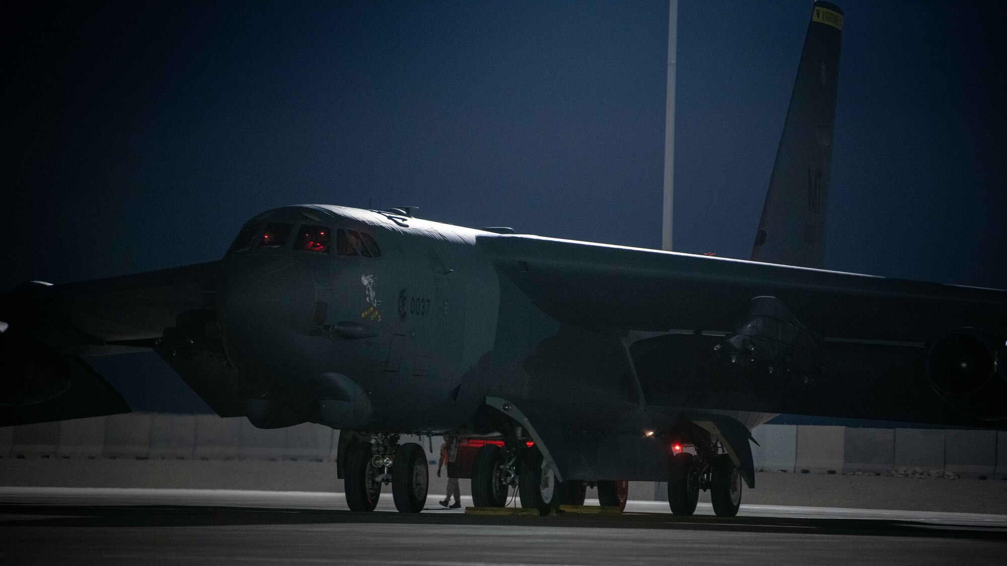 A B-52H Stratofortress assigned to the 5th Bomb Wing, Minot Air Force Base, N.D., parks on the flightline April 23, 2021, at Al Udeid Air Base, Qatar. The B-52 aircraft are deployed to Al Udeid AB to protect U.S. and coalition forces as they conduct drawdown operations from Afghanistan. (U.S. Air Force photo by Staff Sgt. Greg Erwin)