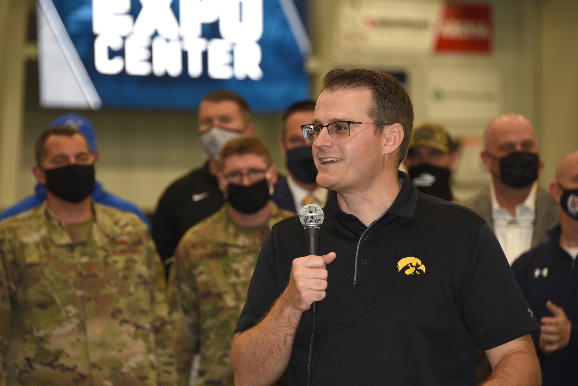 Iowa Lt. Gov. Adam Gregg receives a COVID-19 vaccination at vaccination clinic held at the Siouxland Expo Center in Sioux City, Iowa on April 23, 2021.