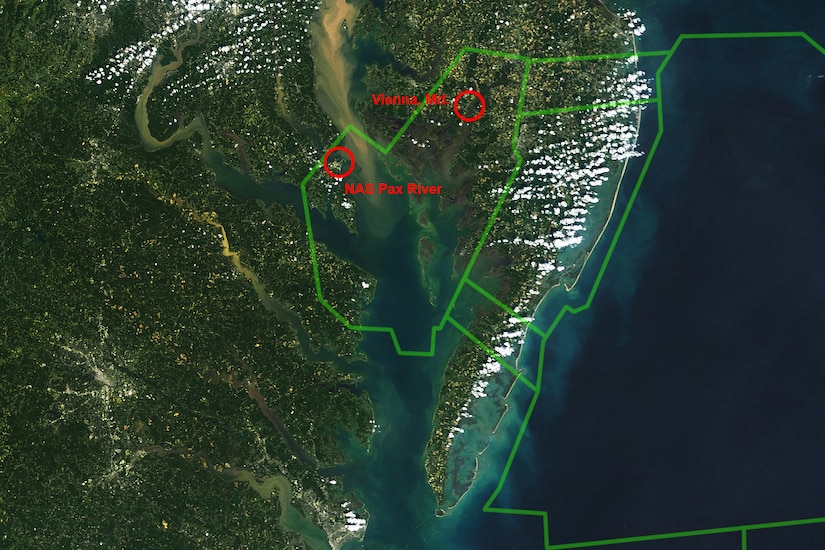 A satellite image shows the Chesapeake Bay region.