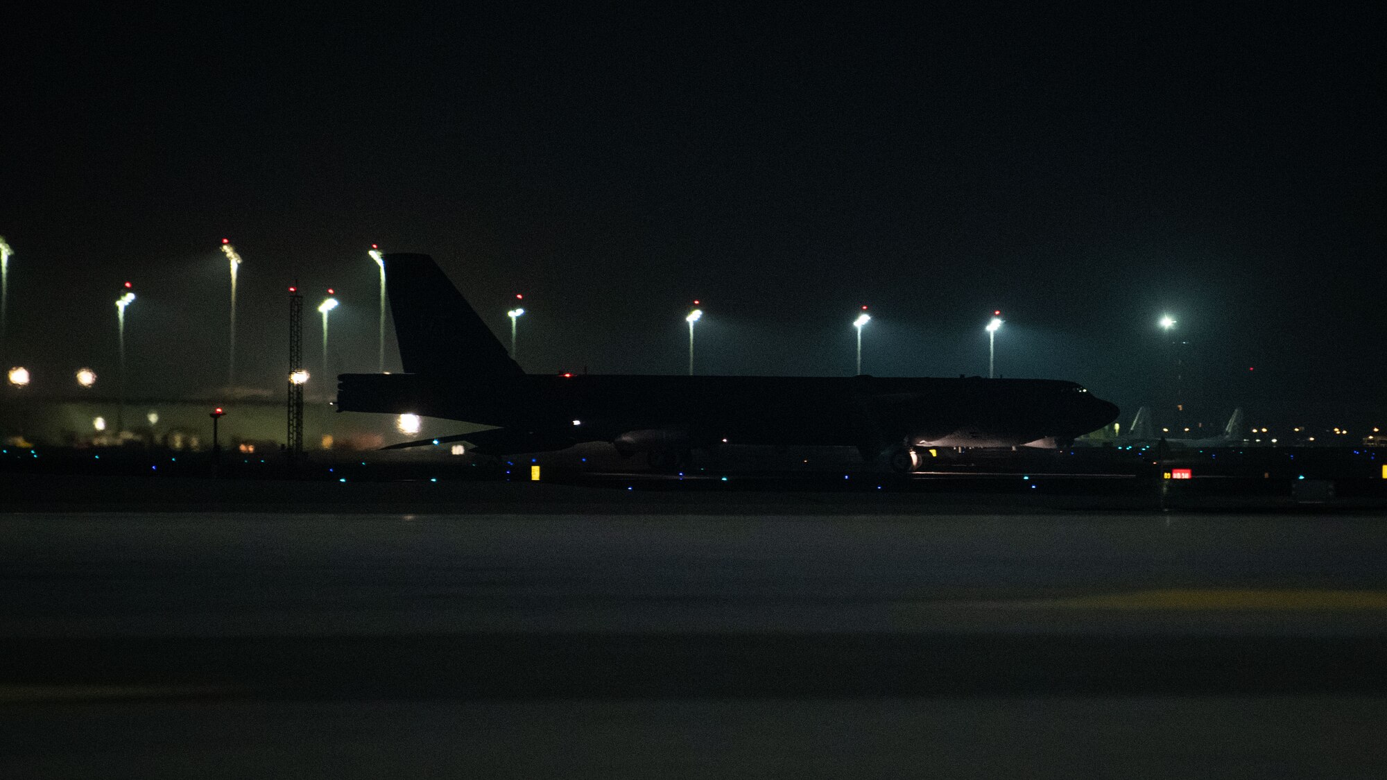 A B-52H Stratofortress assigned to the 5th Bomb Wing, Minot Air Force Base, N.D., taxis on the flightline April 23, 2021, at Al Udeid Air Base, Qatar. The B-52 aircraft are deployed to Al Udeid AB to protect U.S. and coalition forces as they conduct drawdown operations from Afghanistan. (U.S. Air Force photo by Staff Sgt. Greg Erwin)