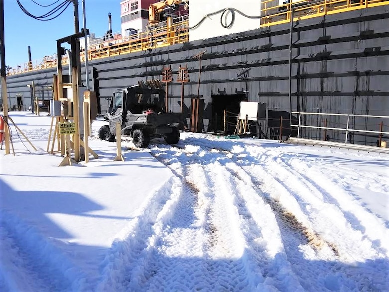 IN THE PHOTO, a photo of the Memphis District’s Ensley Engineer Yard after getting hit hard with frigid temperatures in mid-February this year. From frozen pipes to no electricity, many people and structures were impacted by the icy weather, including the district’s Dredge Hurley. It took approximately one month and multiple Ensley Engineer Yard crews to thaw out and repair the dredge. Now that the Dredge Hurley is thawed and repaired, it’s ready to dredge the Mississippi River, which is scheduled to start within the next two weeks.