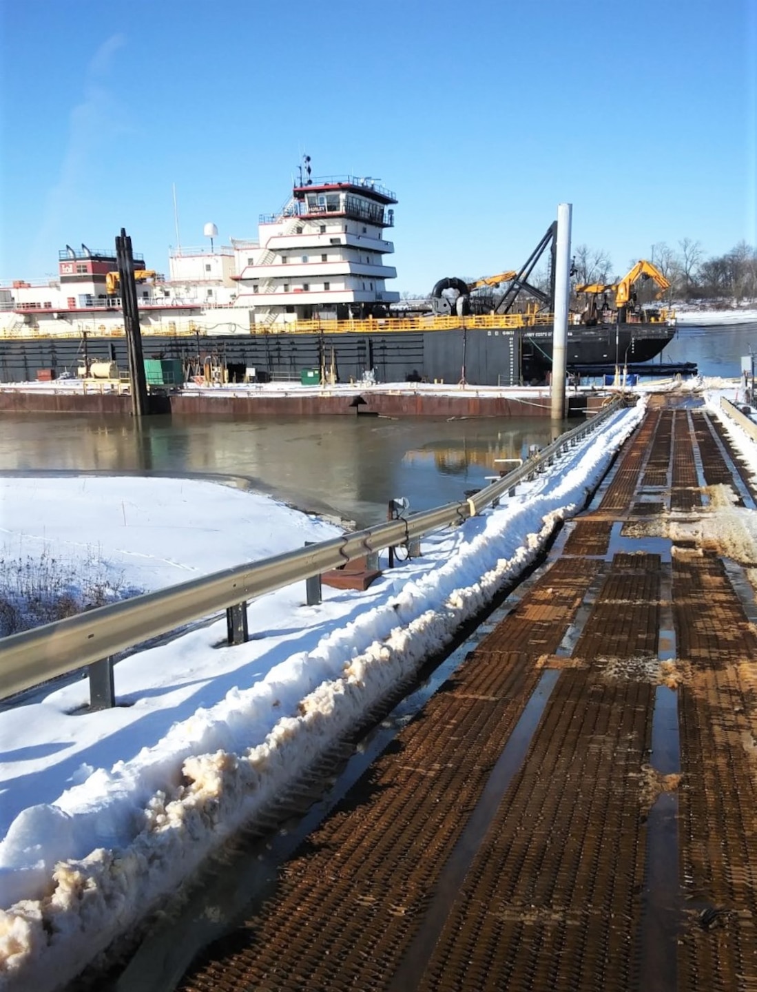 IN THE PHOTO, a photo of the Memphis District’s Ensley Engineer Yard after getting hit hard with frigid temperatures in mid-February this year. From frozen pipes to no electricity, many people and structures were impacted by the icy weather, including the district’s Dredge Hurley. It took approximately one month and multiple Ensley Engineer Yard crews to thaw out and repair the dredge. Now that the Dredge Hurley is thawed and repaired, it’s ready to dredge the Mississippi River, which is scheduled to start within the next two weeks.