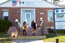 From left: U.S. Marine Corps Maj. Gen. Julian D. Alford, commanding general, Marine Corps Installations East-Marine Corps Base Camp Lejeune, Walter E. Gaskin, Secretary of the North Carolina Department of Military and Veterans Affairs, George Rogers, chief executive officer, RQ Construction, LLC,  and U.S. Navy Rear Adm. Dean VanderLey, commander, Naval Facilities Engineering Systems Command Atlantic, shovel the ceremonial soil during a ground-breaking ceremony for the hurricane recovery military construction projects at Marine Corps Base Camp Lejeune, North Carolina, April 22, 2021.  The ground-breaking ceremony marked the first of seven military construction project packages to replace facilities on MCB Camp Lejeune, Marine Corps Air Station New River and MCAS Cherry Point damaged by Hurricane Florence in September 2018. (U.S. Marine Corps photo by CWO2 Brian Lautenslager)