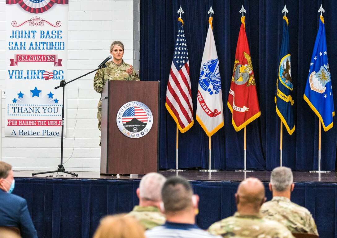 Brig. Gen. Caroline M. Miller, 502d Air Base Wing and Joint Base San Antonio commander speaks at VOYA.