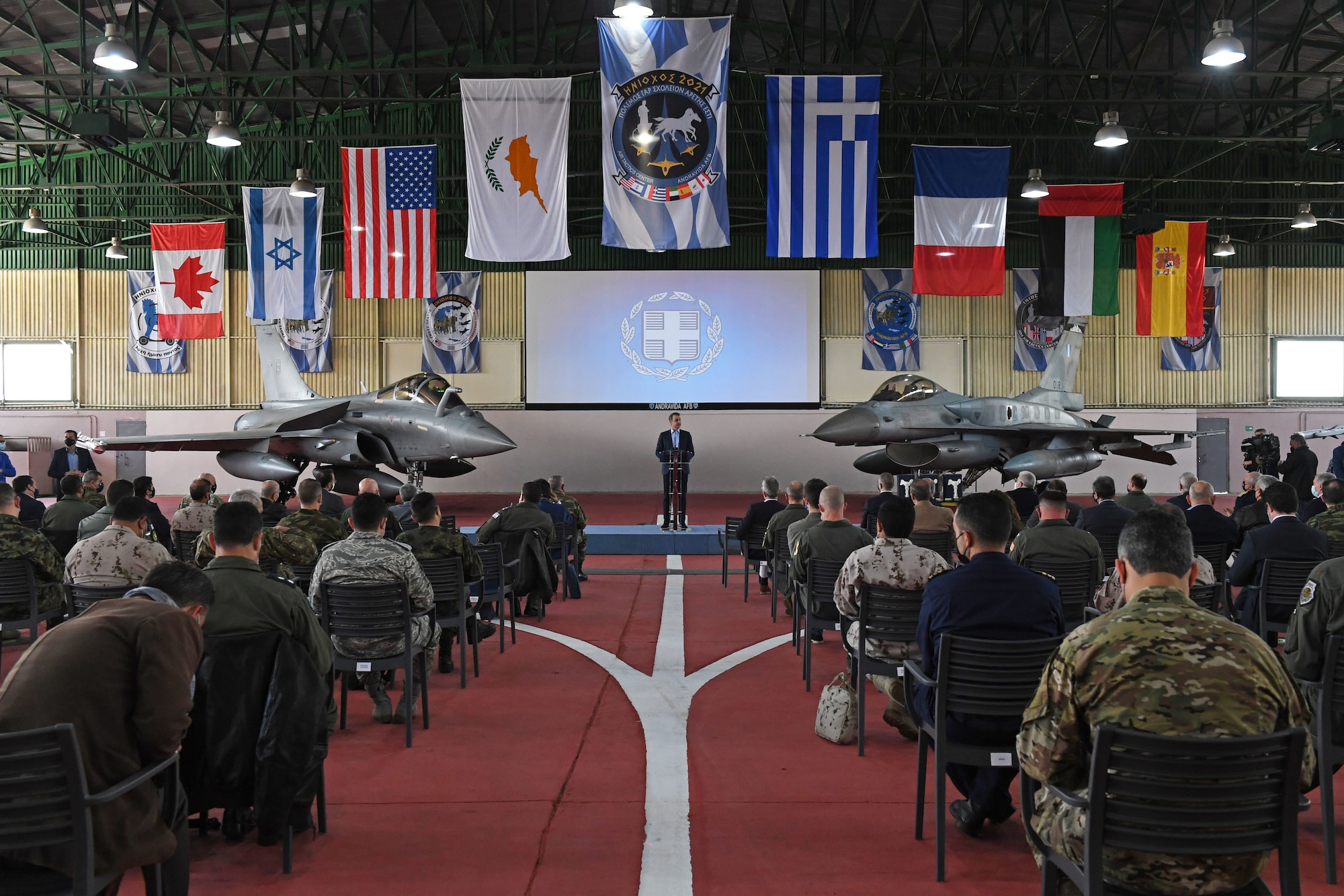 Prime Minister of Greece Kyriakos Mitsotakis, speaks to key defense leaders in the region during INIOCHOS 21 at Andravida Air Base, Greece, April 20, 2021. Along with Greek and U.S. participants, Canada, Cyprus, Israel, Slovenia, Spain and the United Arab Emirates are also supporting the exercise. The interoperability during this exercise allows various allies the opportunity to not only work together, but also the ability to learn from each other. (U.S. Air Force photo by Staff Sgt. Valerie Halbert)