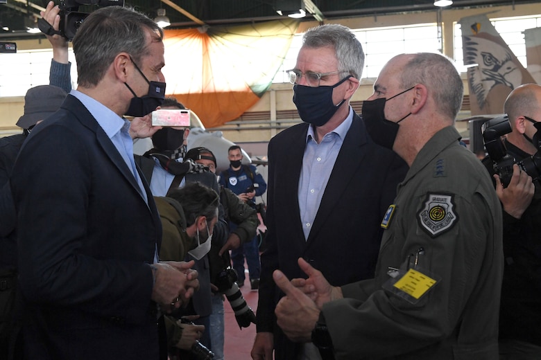 U.S. Air Force Gen. Jeff Harrigian, U.S. Air Forces in Europe and Air Forces Africa commander, and Geoffrey Pyatt, U.S. Ambassador to the Hellenic Republic, meet with Kyriakos Mitsotakis, Prime Minister of Greece during INIOCHOS 21 at Andravida Air Base, Greece, April 20, 2021. INIOCHOS 21 is an annual exercise in Greece which provides participants the opportunity to develop capabilities in planning and conducting complex air operations in a multinational joint forces environment. Along with Greek and U.S. participants, Canada, Cyprus, Israel, Slovenia, Spain and the United Arab Emirates are also supporting the exercise. (U.S. Air Force photo by Staff Sgt. Valerie Halbert)