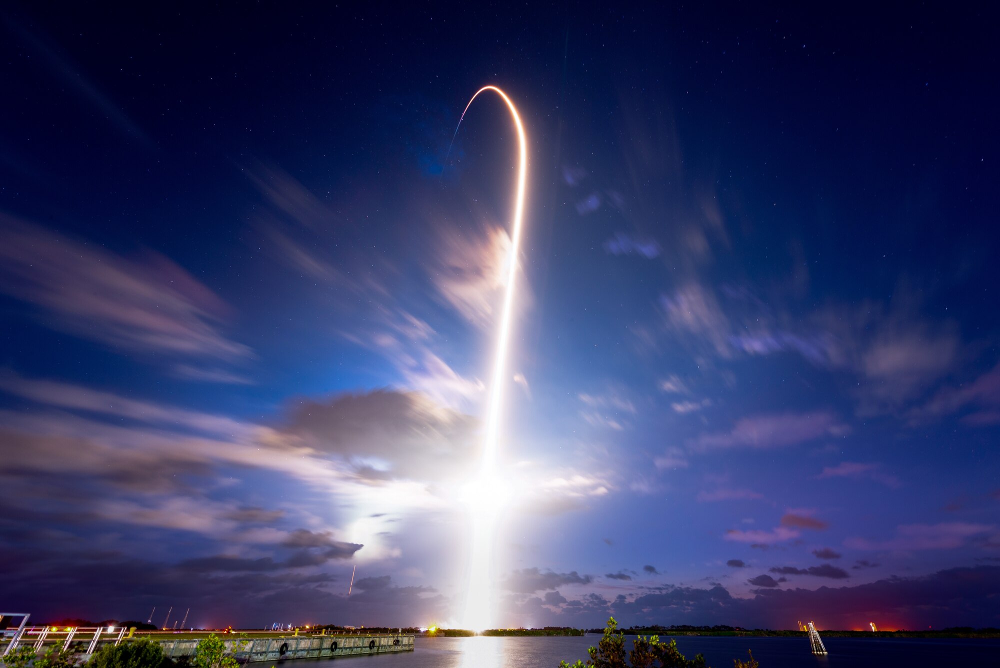 A SpaceX Falcon 9 rocket launches from Space Launch Complex 39A April 23, 2021, at Kennedy Space Center, Florida. The rocket launched the four members of Dragon Crew-2 into space. The astronauts will spend six months on the International Space Station performing a variety of experiments and maintenance actions. (U.S. Space Force photo by Joshua Conti)