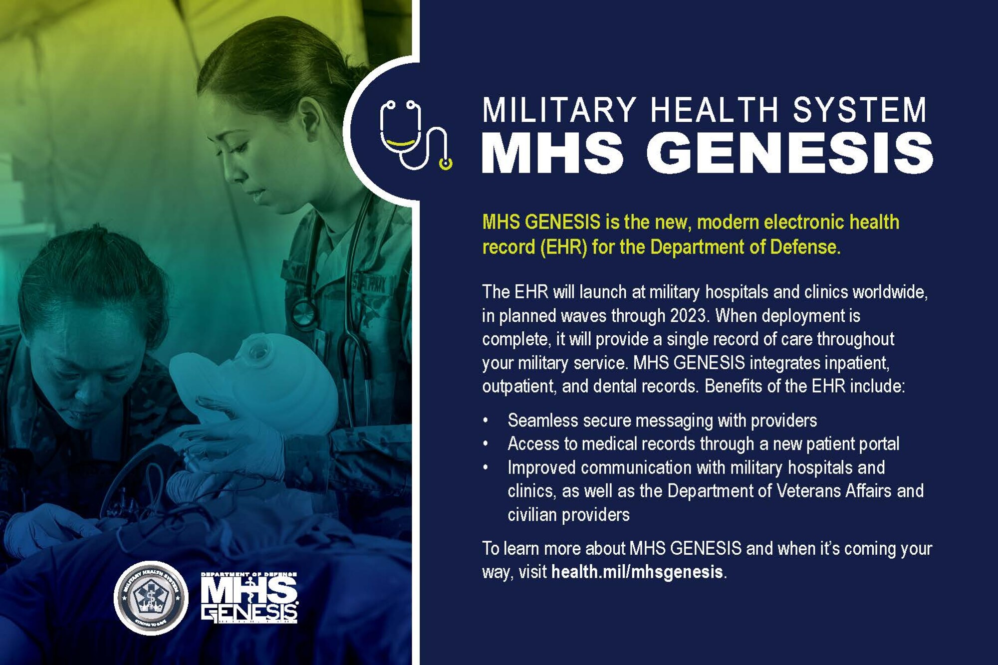 The 90th Medical Group transitions to a new electronic health record call MHS GENESIS at F.E. Warren Air Force Base, Wyoming, April 24, 2021. Appointment availability from April to June 2021 will be reduced. In preparation for the transition please register for the new patient portal at www.patientportal.mhsgenesis.health.mil. (Department of Defense graphic)
