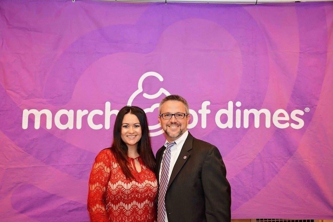 U.S. Air Force Master Sgt. Jessica Roy, 103rd Security Forces Squadron S2 intelligence and investigations superintendent and antiterrorism program manager, and Marc Spencer at the 2016 March of Dimes Signature Chef’s Auction at The Bushnell Performing Arts Center in Hartford, Connecticut. Roy and Spencer both had infant sons pass away after being born prematurely and have dedicated the following years to advocacy work with the March of Dimes organization. (Courtesy photo)