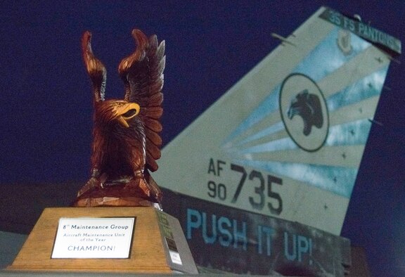 The 2020 8th Maintenance Group Best Maintenance Unit Award sits on the wing of an F-16 with the 35th AMU tailflash at Kunsan Air Base, Republic of Korea March 24, 2021. This was part of Kunsan’s 2020 Maintenance Professional of the Year awards. (U.S. Air Force photo by Tech. Sgt. Will Bracy)