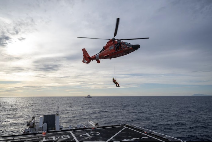 USCGC Hamilton (WMSL 753) and ITCG Ubaldo Diciotti (CP-941) conducted simulated search and rescue exercises and helicopter hoist operations in the Mediterranean Sea, April 23, 2021. U.S. Coast Guard Cutter Hamilton is on a routine deployment in the U.S. Sixth Fleet area of operations in support of U.S. national interests and security in Europe and Africa.