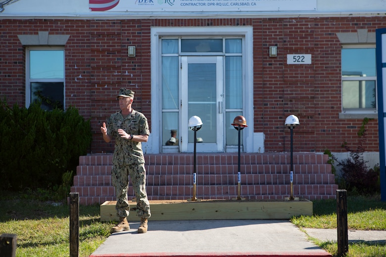U.S. Navy Capt. Jim Brown, commanding officer, Office in Charge of Construction Florence addresses staff and attendees during a ground-breaking ceremony for the hurricane recovery and military construction projects at Marine Corps Base Camp Lejeune, North Carolina, April 22, 2021.  The ground-breaking ceremony marked the first of seven military construction project packages to replace facilities on MCB Camp Lejeune, Marine Corps Air Station New River and MCAS Cherry Point damaged by Hurricane Florence in September 2018. (U.S. Marine Corps photo by CWO2 Brian Lautenslager)