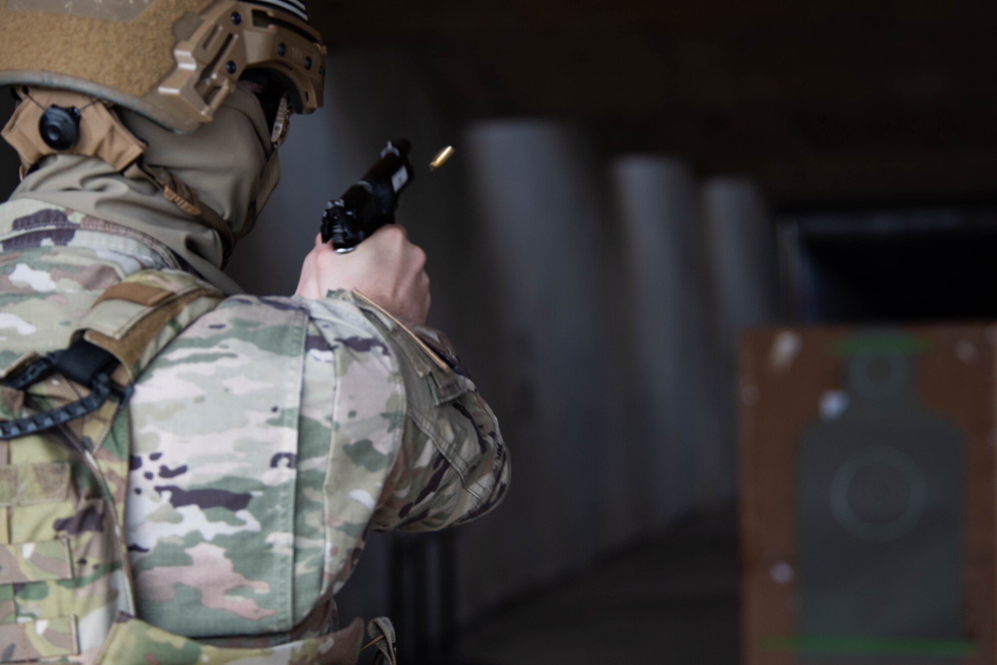 A 39th Security Forces Squadron Airman fires an M-9 pistol during annual combat arms training at Incirlik Air Base, Turkey, April 21, 2021. The 39th SFS provides force protection for Incirlik, its geographically separated units in Turkey, law enforcement services and support for several contingency operations for United States Air Forces in Europe – Air Forces Africa. (U.S. Air Force photo by Senior Airman Derek Seifert)