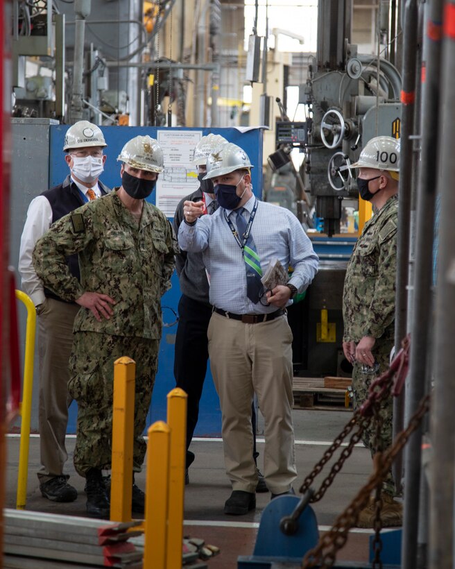 Vice Adm. William J. Galinis, commander, Naval Sea Systems Command, visited Puget Sound Naval Shipyard & Intermediate Maintenance Facility, April 23, 2021, to tour PSNS & IMF facilities, learn about the status of various maintenance availabilities, and to discuss process improvement and transformation efforts.