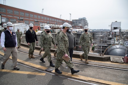 Vice Adm. William J. Galinis, commander, Naval Sea Systems Command, visited Puget Sound Naval Shipyard & Intermediate Maintenance Facility, April 23, 2021, to tour PSNS & IMF facilities, learn about the status of various maintenance availabilities, and to discuss process improvement and transformation efforts.