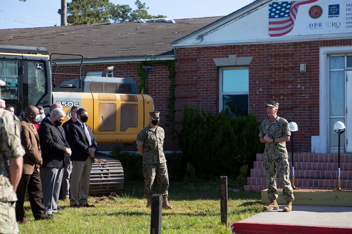 U.S. Navy Capt. Jim Brown, commanding officer, Office in Charge of Construction Florence addresses staff and attendees during a ground-breaking ceremony for the hurricane recovery and military construction projects at Marine Corps Base Camp Lejeune, North Carolina, April 22, 2021.  The ground-breaking ceremony marked the first of seven military construction project packages to replace facilities on MCB Camp Lejeune, Marine Corps Air Station New River and MCAS Cherry Point damaged by Hurricane Florence in September 2018. (U.S. Marine Corps photo by CWO2 Brian Lautenslager)