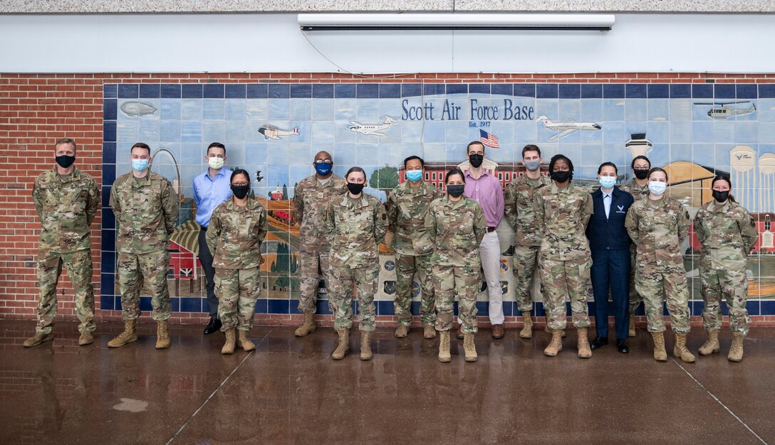 The newest additions to the 932nd Airlift Wing and Team Scott attend newcomers briefings to hear from leadership April 10, 2021, Scott Air Force Base, Illinois. The newcomers learn about the wing's mission, the commander's priorities and resources available to them. (U.S. Air Force photo by Senior Airman Brooke Spenner)