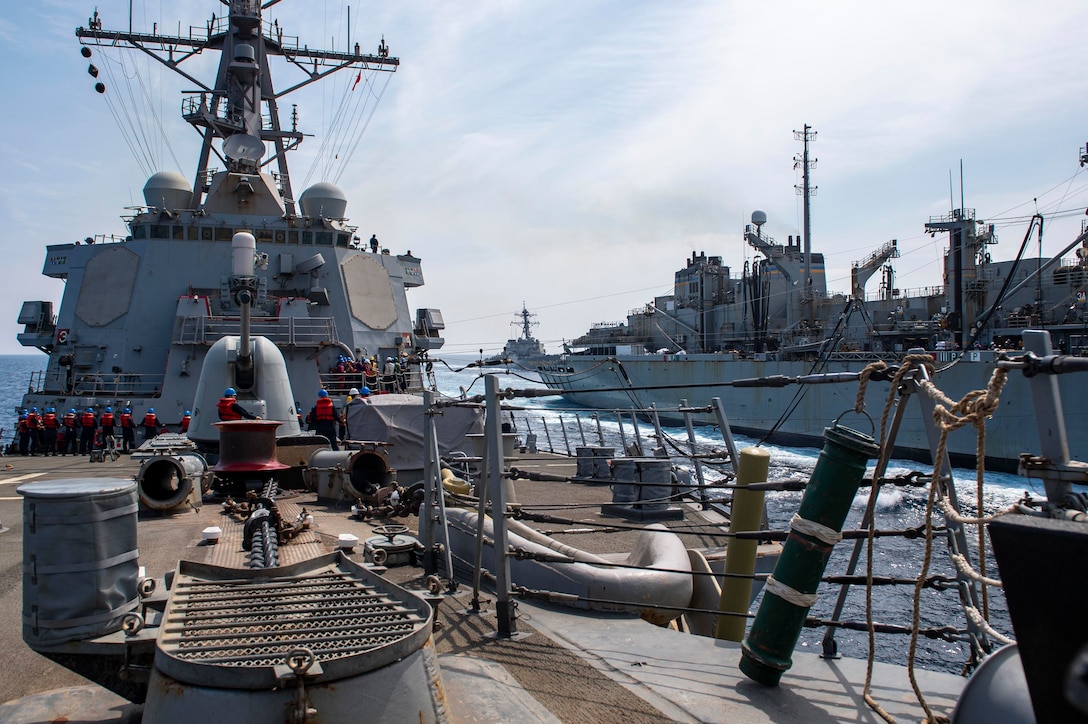 USS Laboon (DDG 58) conducts a replenishment-at-sea with USNS Arctic (T-AOE 8) in the Arabian Sea.