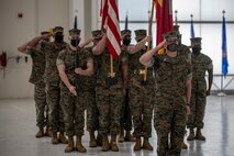 U.S. Marine Corps Sgt. Maj. Carlos A. Orjuela, the outgoing sergeant major, Marine Corps Air Station New River salutes during the New River sergeant major relief and appointment ceremony at the Center for Naval Aviation Technical Training on MCAS New River, North Carolina, April 16, 2021. The relief and appointment ceremony symbolized the passing of responsibilities and duties from Orjuela to the incoming sergeant major, Sgt. Maj. Douglas W. Gerhardt. (U.S. Marine Corps Lance Cpl. Isaiah Gomez)