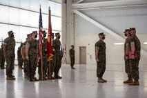 U.S. Marine Corps Sgt. Maj. Carlos A. Orjuela, the outgoing sergeant major, Marine Corps Air Station New River stands at attention during the New River sergeant major relief and appointment ceremony at the Center for Naval Aviation Technical Training on MCAS New River, North Carolina, April 16, 2021. The relief and appointment ceremony symbolized the passing of responsibilities and duties from Orjuela to the incoming sergeant major, Sgt. Maj. Douglas W. Gerhardt. (U.S. Marine Corps Lance Cpl. Isaiah Gomez)
