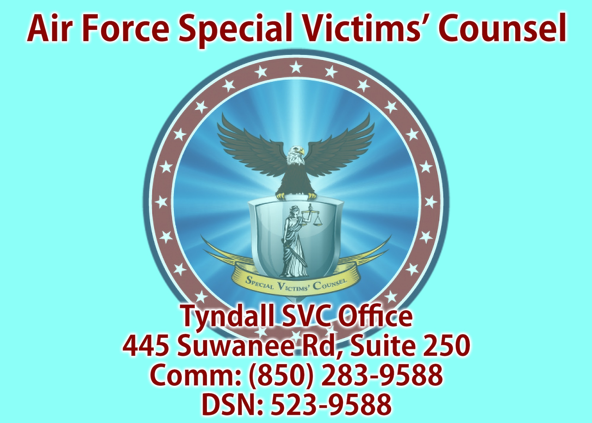 A graphic showing the contact information and address for Tyndall's Special Victims' Counsel. (U.S. Air Force graphic by Staff Sgt. Stefan Alvarez)