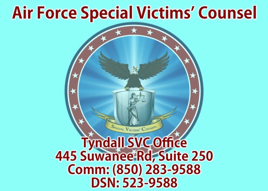 A graphic showing the contact information and address for Tyndall's Special Victims' Counsel. (U.S. Air Force graphic by Staff Sgt. Stefan Alvarez)