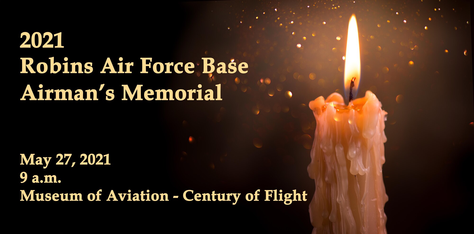 Graphic shows information for Airman's Memorial next to a candle flame.