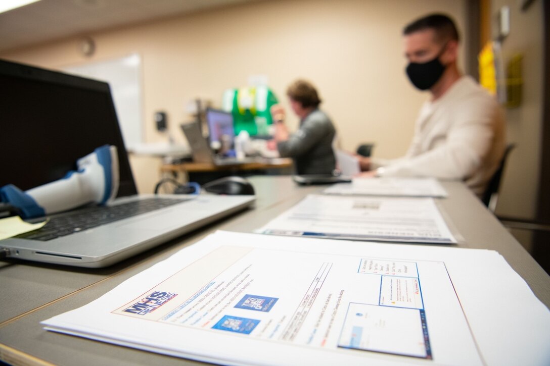 Healthcare workers from the 28th Medical Group prepare to go-live with a new electronic healthcare record system at Ellsworth Air Force Base, S.D., April 24, 2021.