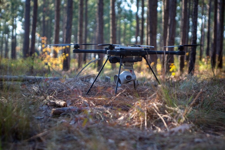 A R-80D SkyRaider drone prepares to take flight during Exercise Rolling Thunder 21.2 on Fort Bragg, N.C, April 21, 2021. This is a live-fire artillery exercise where 10th Marines employed distributed fires via simulated Expeditionary Advanced Bases (EAB’s). The training increased 2d Marine Division’s combat readiness against a peer competitor. Small unmanned aerial systems provide increased situational awareness and act as a sensor for expediting decision making. (U.S. Marine Corps photo by Pfc.Sarah Pysher)