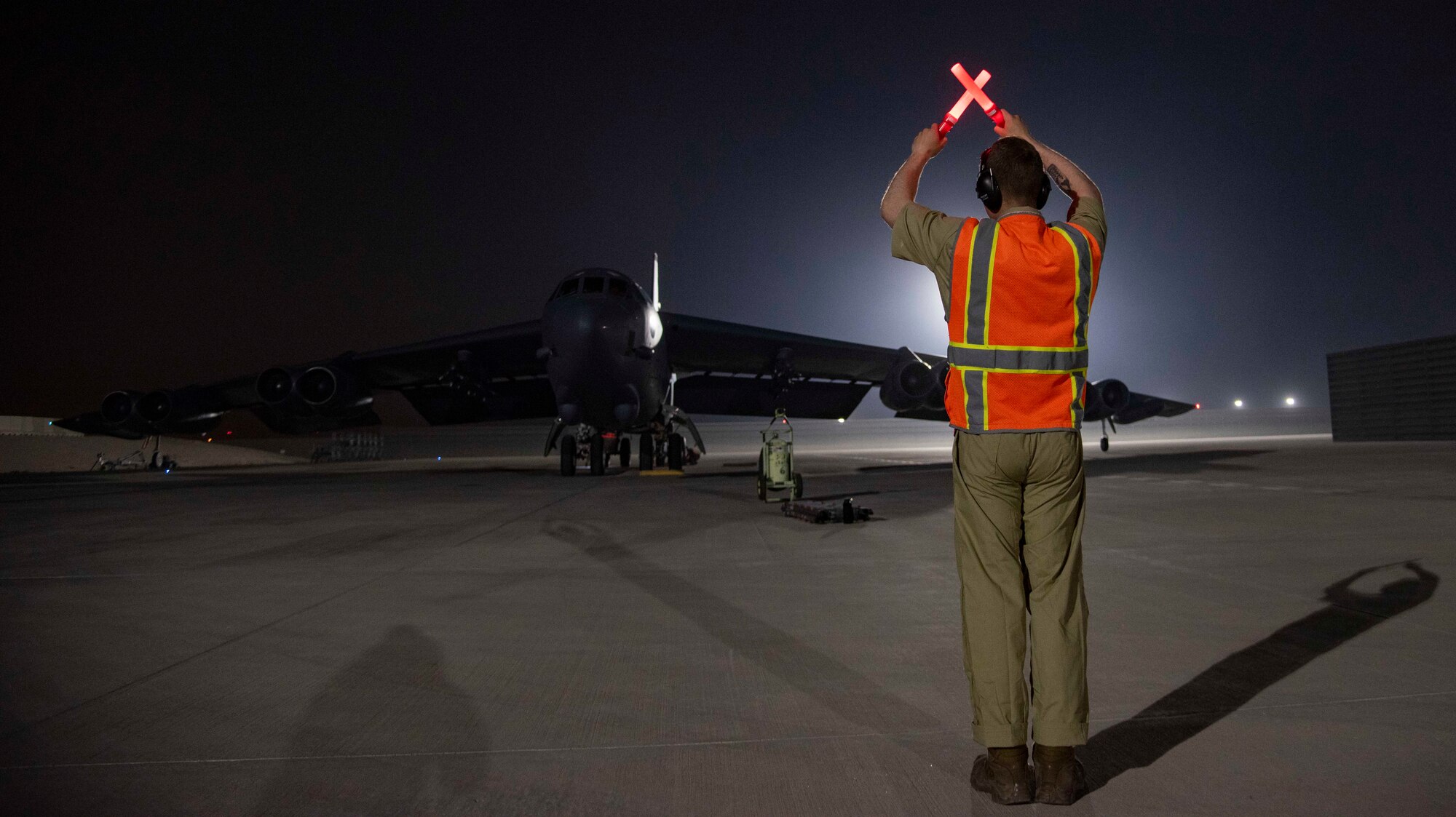 A B-52H Stratofortress assigned to the 5th Bomb Wing, Minot Air Force Base, North Dakota, arrives April 26, 2021, at Al Udeid Air Base, Qatar. Two B-52 aircraft arrived April 26, joining the additional B-52 bombers that arrived April 23. The bombers are deployed to protect U.S. and coalition forces as they conduct drawdown operations from Afghanistan. U.S. Central Command is committed to providing the necessary force protection to ensure the drawdown is conducted in a safe and orderly manner. (U.S. Air Force photo by Staff Sgt. Kylee Gardner)