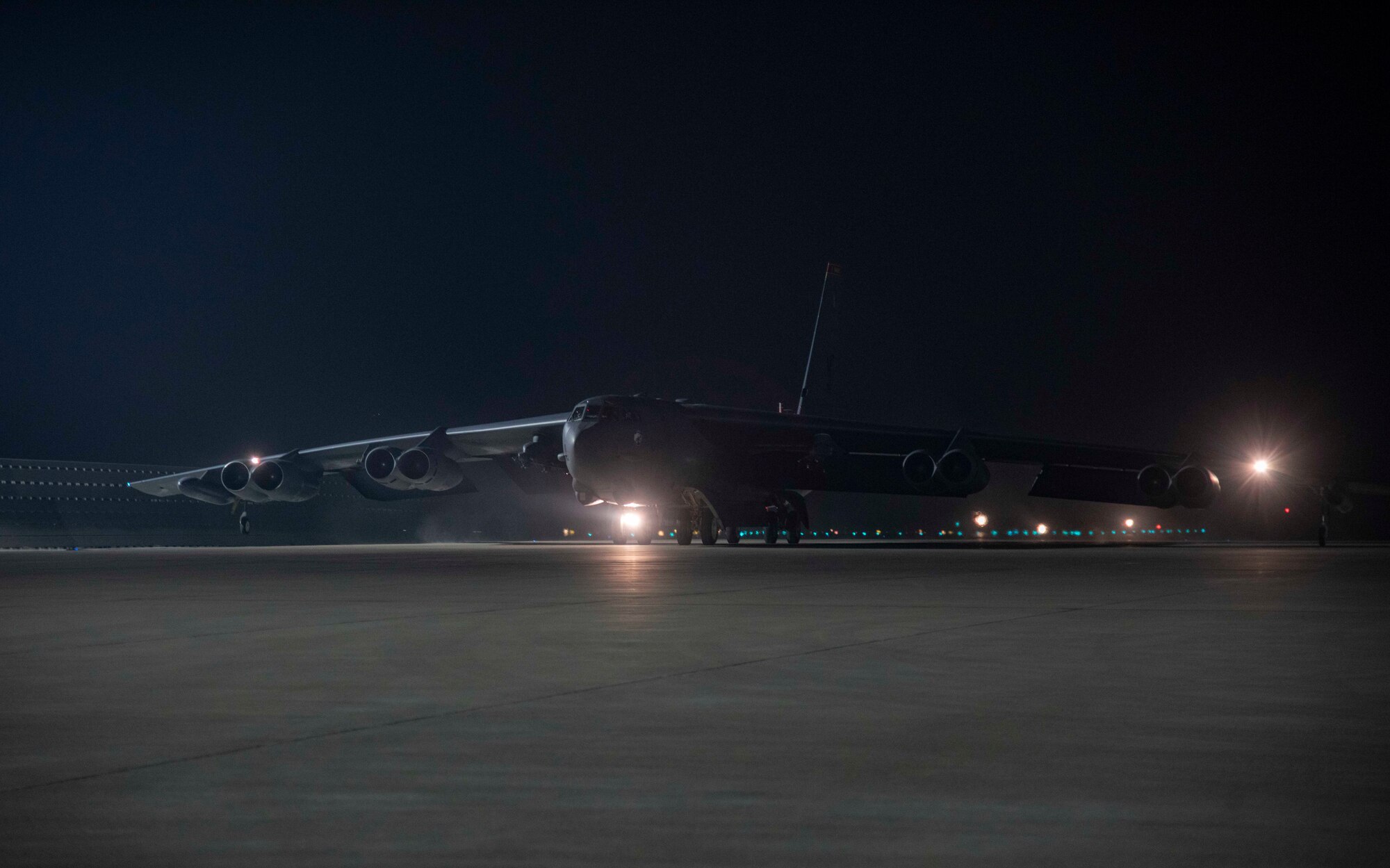 A B-52H Stratofortress assigned to the 5th Bomb Wing, Minot Air Force Base, North Dakota, arrives April 26, 2021, at Al Udeid Air Base, Qatar. Two B-52 aircraft arrived April 26, joining the additional B-52 bombers that arrived April 23. The bombers are deployed to protect U.S. and coalition forces as they conduct drawdown operations from Afghanistan. U.S. Central Command is committed to providing the necessary force protection to ensure the drawdown is conducted in a safe and orderly manner. (U.S. Air Force photo by Staff Sgt. Kylee Gardner)