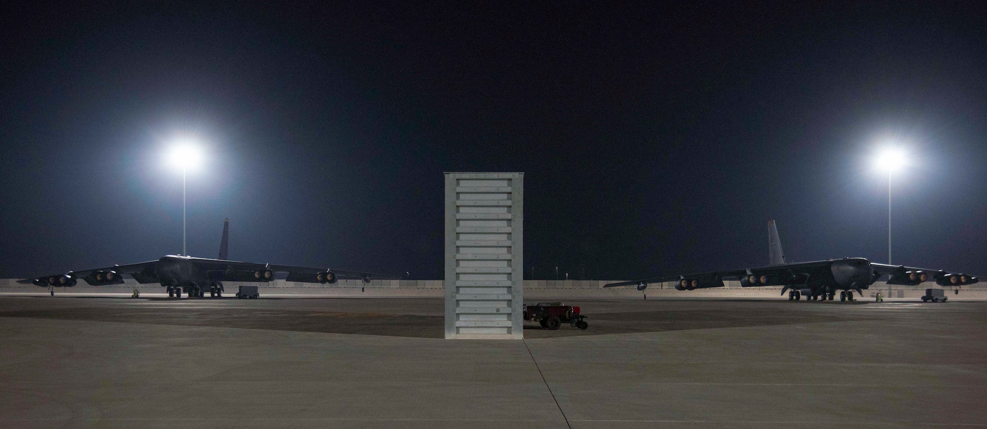 Two B-52H Stratofortress assigned to the 5th Bomb Wing, Minot Air Force Base, North Dakota, arrive April 26, 2021, at Al Udeid Air Base, Qatar. The two aircraft join the additional B-52 bombers that arrived April 23. The bombers are deployed to protect U.S. and coalition forces as they conduct drawdown operations from Afghanistan. U.S. Central Command is committed to providing the necessary force protection to ensure the drawdown is conducted in a safe and orderly manner. (U.S. Air Force photo by Staff Sgt. Kylee Gardner)