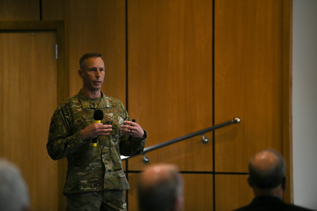 U.S. Air Force Col. Travis Leighton, Tyndall Program Management Office director, speaks at a briefing at Tyndall Air Force Base, Florida, April 23, 2021. Leaders from the 325th Fighter Wing, First Air Force, and the Tyndall Program Management Office hosted a State of Tyndall update for local community leaders April 23 at Tyndall AFB. (U.S. Air Force photo by Airman 1st Class Anabel Del Valle)